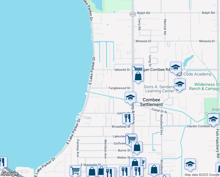 map of restaurants, bars, coffee shops, grocery stores, and more near 2402 Tanglewood Street in Lakeland