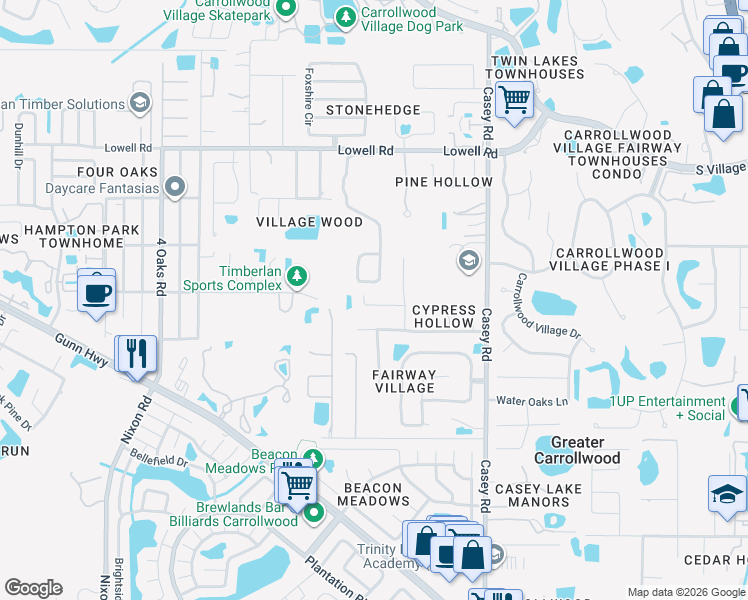 map of restaurants, bars, coffee shops, grocery stores, and more near 12823 Darby Ridge Drive in Tampa