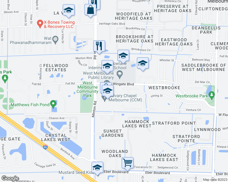 map of restaurants, bars, coffee shops, grocery stores, and more near 2751 Bradfordt Drive in West Melbourne