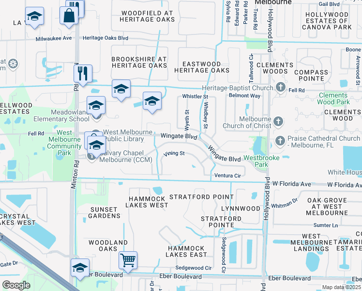 map of restaurants, bars, coffee shops, grocery stores, and more near 2646 Bradfordt Drive in Melbourne