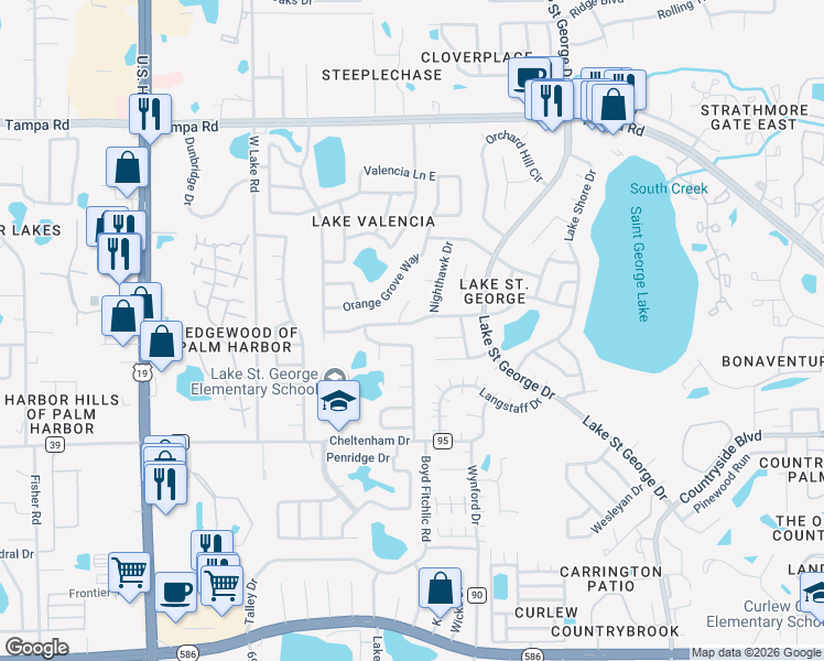 map of restaurants, bars, coffee shops, grocery stores, and more near 2636 Kavalier Drive in Palm Harbor