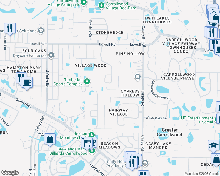 map of restaurants, bars, coffee shops, grocery stores, and more near 12823 Darby Ridge Drive in Tampa
