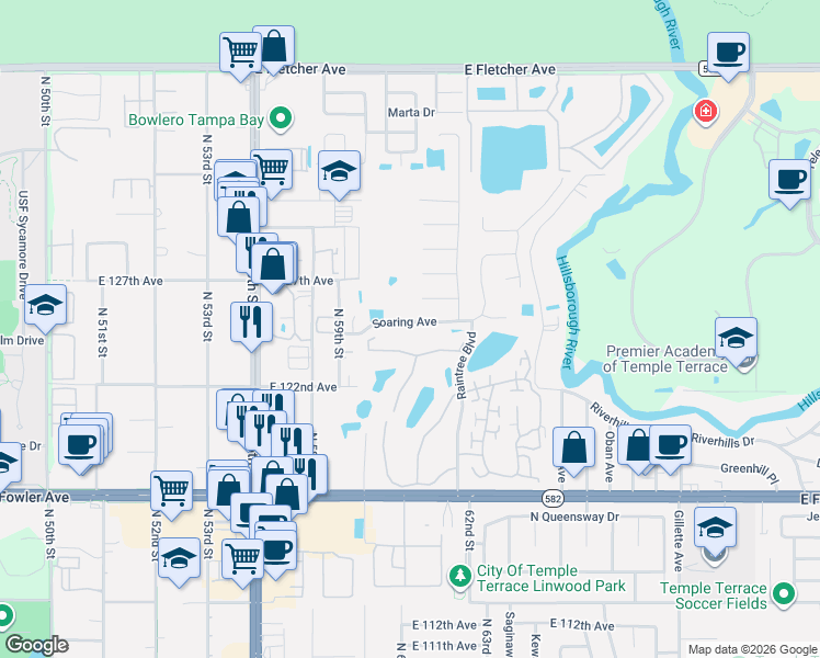 map of restaurants, bars, coffee shops, grocery stores, and more near 6012 Soaring Avenue in Tampa