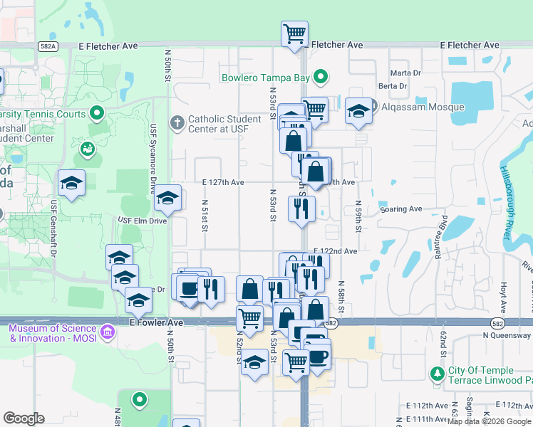 map of restaurants, bars, coffee shops, grocery stores, and more near 12308 North 53rd Street in Tampa