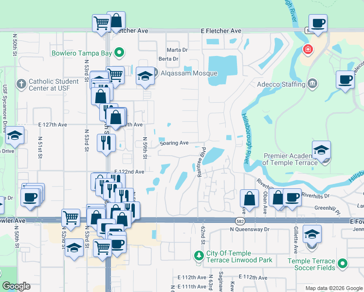 map of restaurants, bars, coffee shops, grocery stores, and more near 6101 Soaring Avenue in Tampa