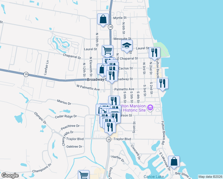 map of restaurants, bars, coffee shops, grocery stores, and more near 3114 Texas 35 Business in Rockport