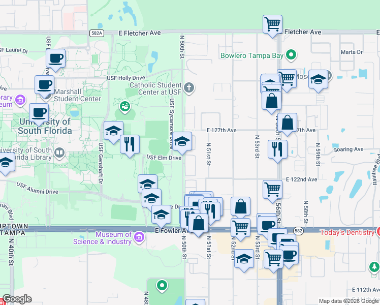 map of restaurants, bars, coffee shops, grocery stores, and more near 5016 Sunridge Palms Drive in Tampa
