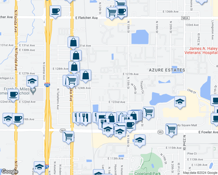 map of restaurants, bars, coffee shops, grocery stores, and more near 12410 Volunteer Place in Tampa