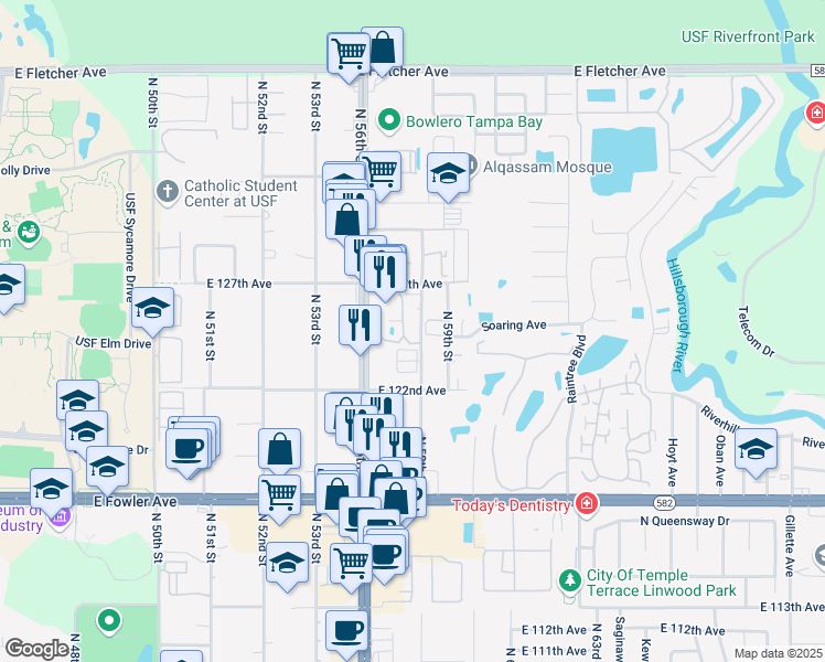 map of restaurants, bars, coffee shops, grocery stores, and more near 12425 Touchton Drive in Tampa
