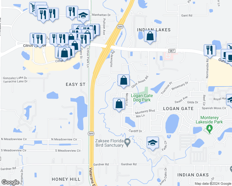 map of restaurants, bars, coffee shops, grocery stores, and more near 7350 Monterey Boulevard in Tampa