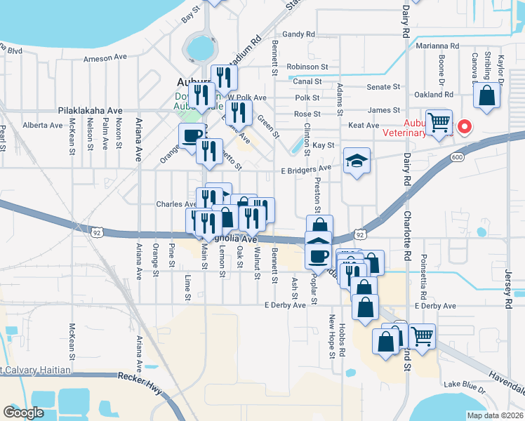 map of restaurants, bars, coffee shops, grocery stores, and more near 402 Bennett Street in Auburndale
