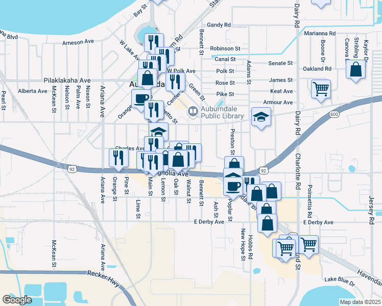 map of restaurants, bars, coffee shops, grocery stores, and more near 403 Walnut Street in Auburndale