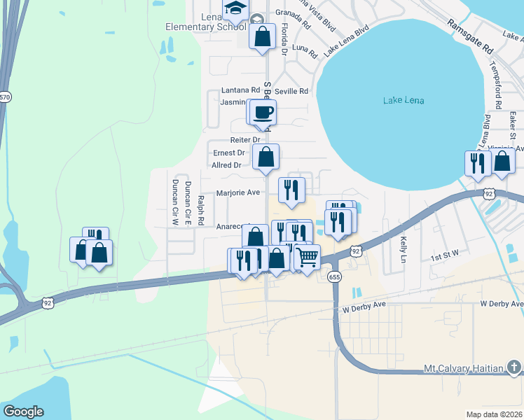 map of restaurants, bars, coffee shops, grocery stores, and more near 295 Berkley Road in Auburndale