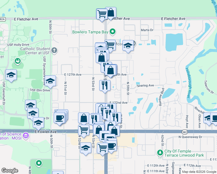 map of restaurants, bars, coffee shops, grocery stores, and more near 12315 North 56th Street in Tampa