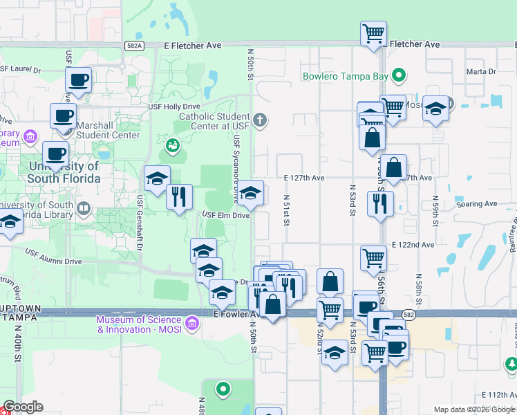 map of restaurants, bars, coffee shops, grocery stores, and more near 5016 Sunridge Palms Drive in Tampa