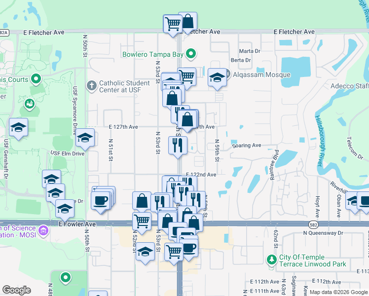 map of restaurants, bars, coffee shops, grocery stores, and more near 5601 Ashley Oaks Drive in Tampa