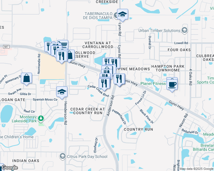 map of restaurants, bars, coffee shops, grocery stores, and more near 12020 Anderson Road in Tampa