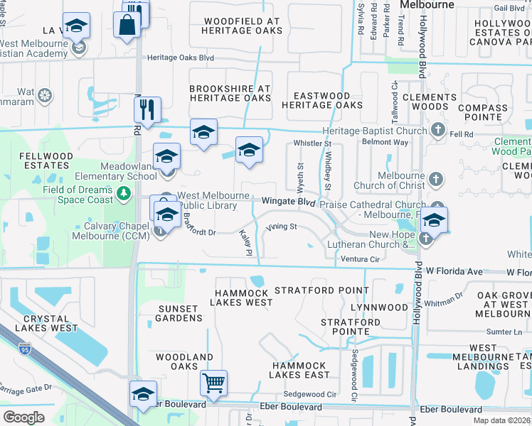 map of restaurants, bars, coffee shops, grocery stores, and more near 2655 Bradfordt Drive in Melbourne