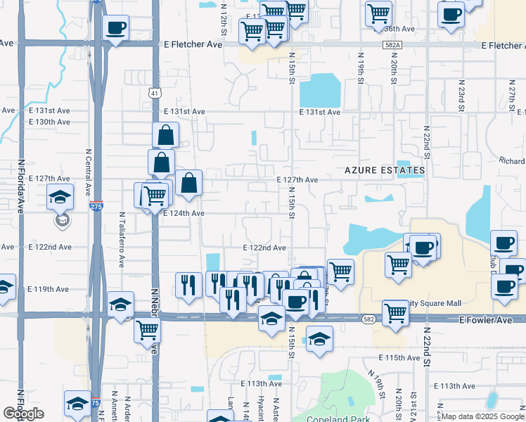 map of restaurants, bars, coffee shops, grocery stores, and more near 12402 Titus Court in Tampa