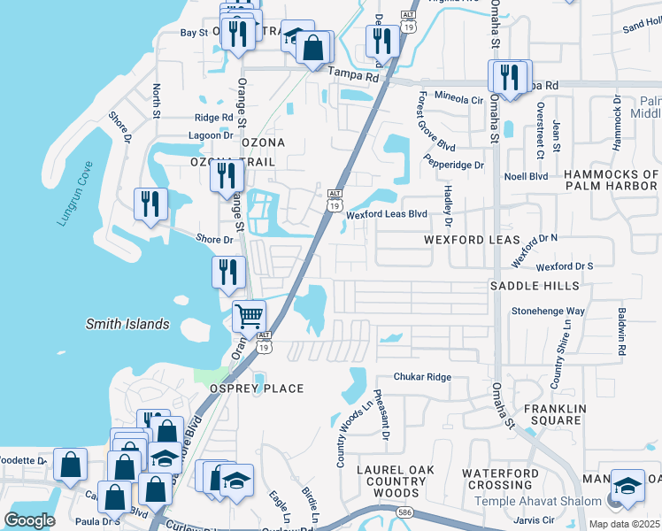 map of restaurants, bars, coffee shops, grocery stores, and more near 556 Daventry Square in Palm Harbor