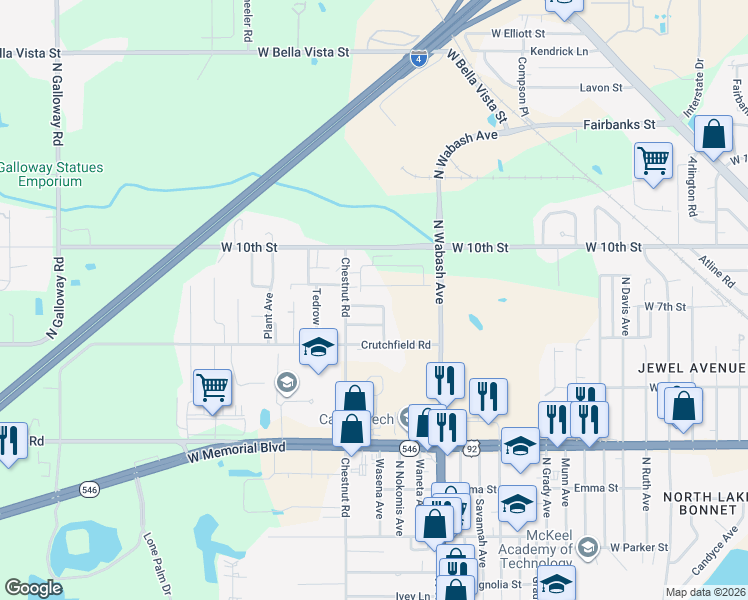 map of restaurants, bars, coffee shops, grocery stores, and more near 2321 Chestnut Hills Drive in Lakeland