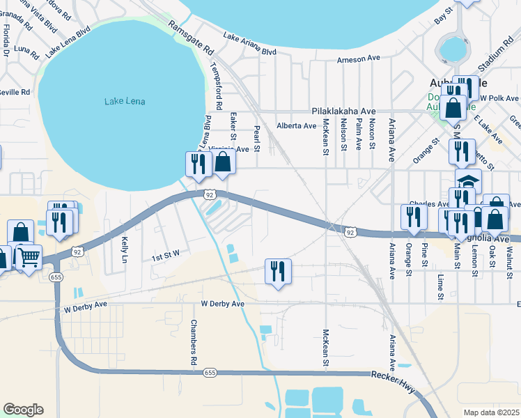 map of restaurants, bars, coffee shops, grocery stores, and more near 1101 U.S. 92 in Auburndale