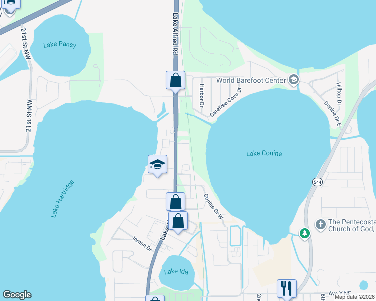 map of restaurants, bars, coffee shops, grocery stores, and more near 110 Oak Crest Drive Northwest in Winter Haven