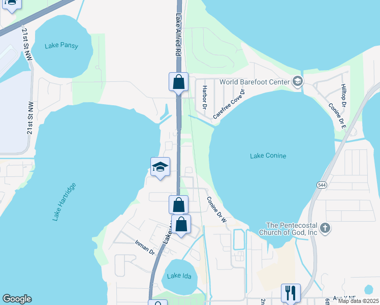 map of restaurants, bars, coffee shops, grocery stores, and more near 110 Oak Crest Drive Northwest in Winter Haven