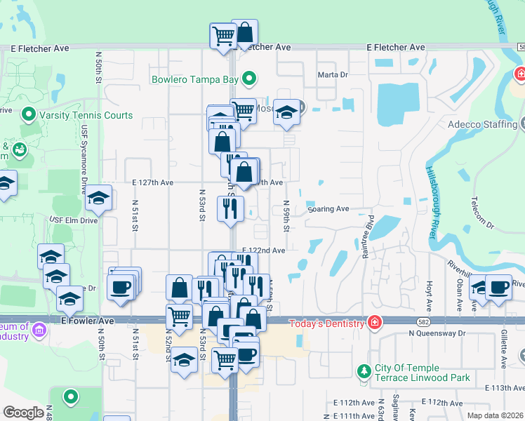 map of restaurants, bars, coffee shops, grocery stores, and more near 12425 Touchton Drive in Tampa