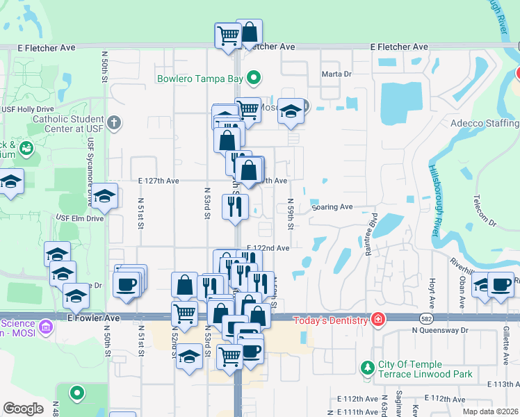 map of restaurants, bars, coffee shops, grocery stores, and more near 12425 Touchton Drive in Tampa