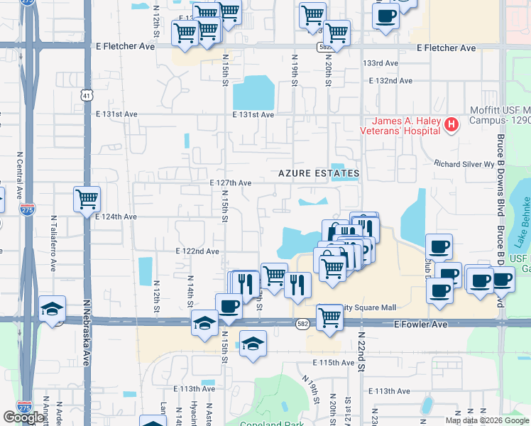 map of restaurants, bars, coffee shops, grocery stores, and more near 12520 Tinsley Terrace Drive in Tampa