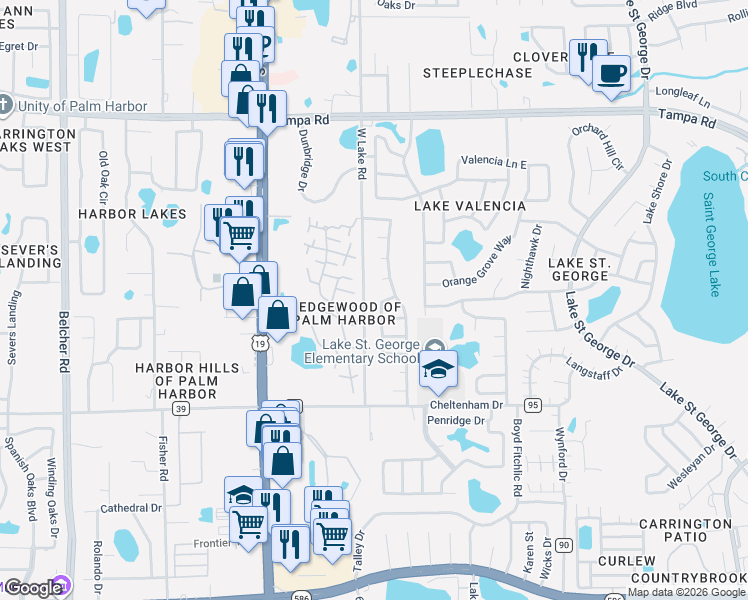 map of restaurants, bars, coffee shops, grocery stores, and more near 612 Channing Drive in Palm Harbor