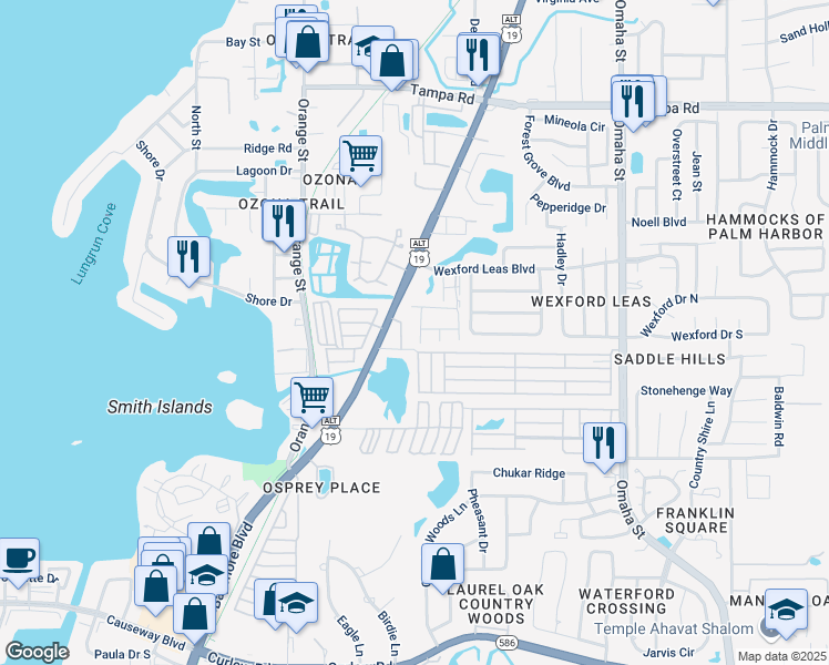 map of restaurants, bars, coffee shops, grocery stores, and more near 556 Daventry Square in Palm Harbor