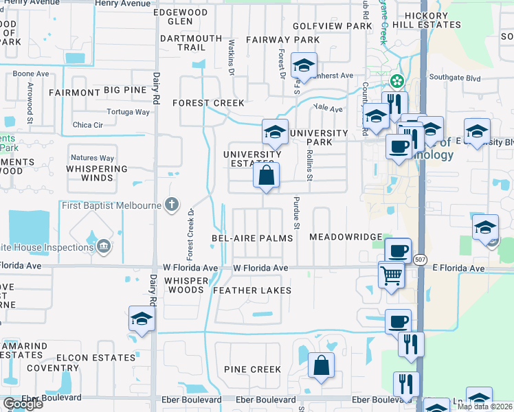 map of restaurants, bars, coffee shops, grocery stores, and more near 632 Fishtail Palm Boulevard in Melbourne