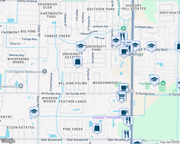 map of restaurants, bars, coffee shops, grocery stores, and more near 3302 Purdue Street in Melbourne