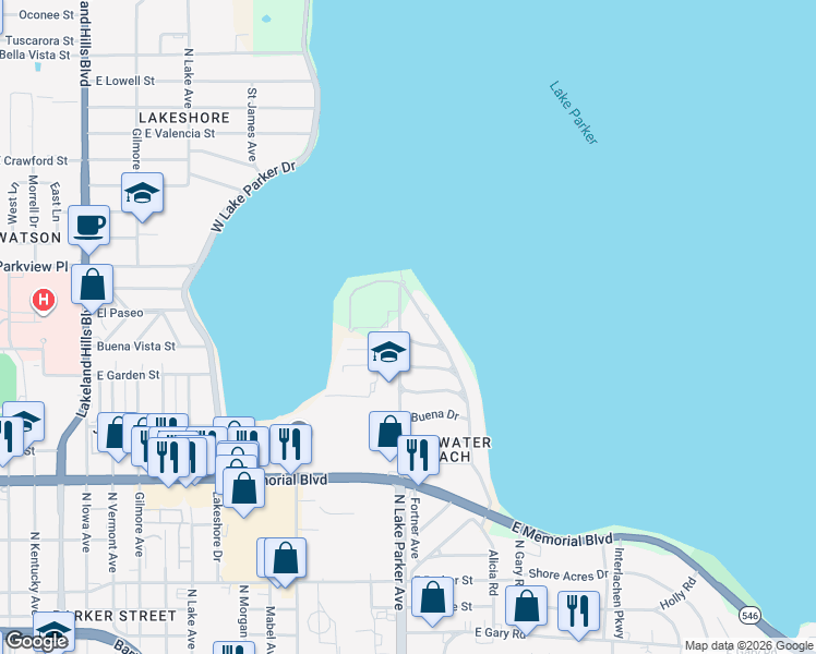 map of restaurants, bars, coffee shops, grocery stores, and more near 1255 North Lake Parker Avenue in Lakeland