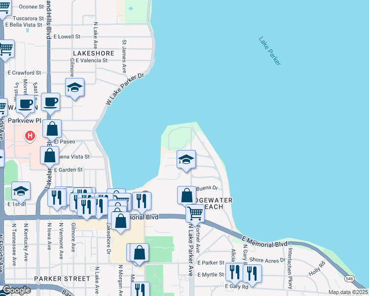 map of restaurants, bars, coffee shops, grocery stores, and more near 1280 North Lake Parker Avenue in Lakeland