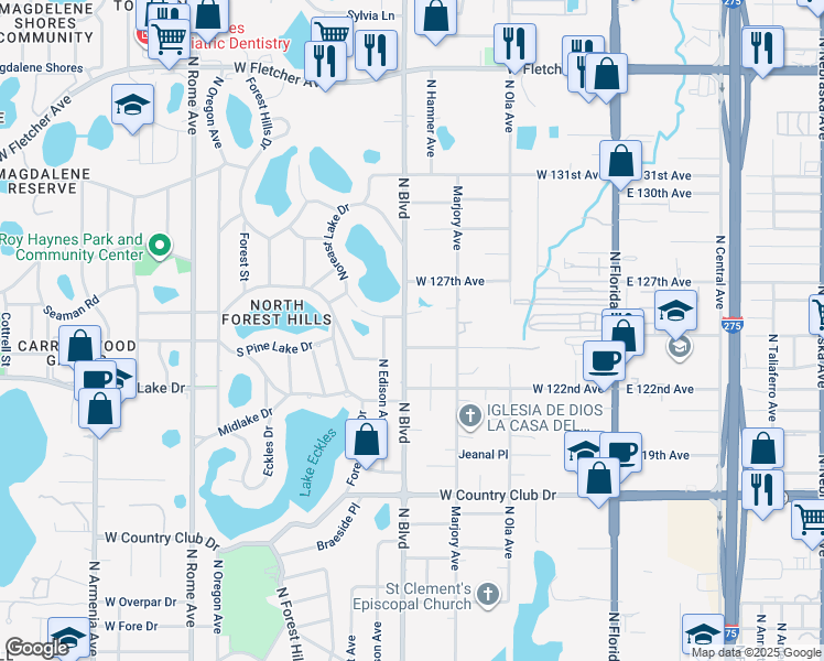 map of restaurants, bars, coffee shops, grocery stores, and more near 12403 North Boulevard in Tampa