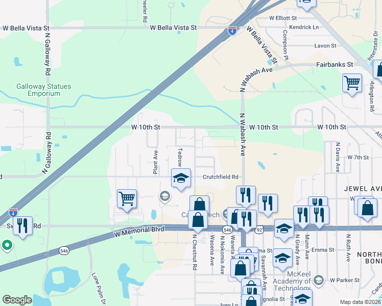 map of restaurants, bars, coffee shops, grocery stores, and more near 1236 North Chestnut Road in Lakeland
