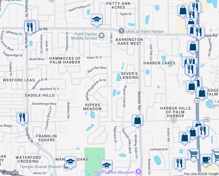 map of restaurants, bars, coffee shops, grocery stores, and more near 575 Pine Warbler Way North in Palm Harbor