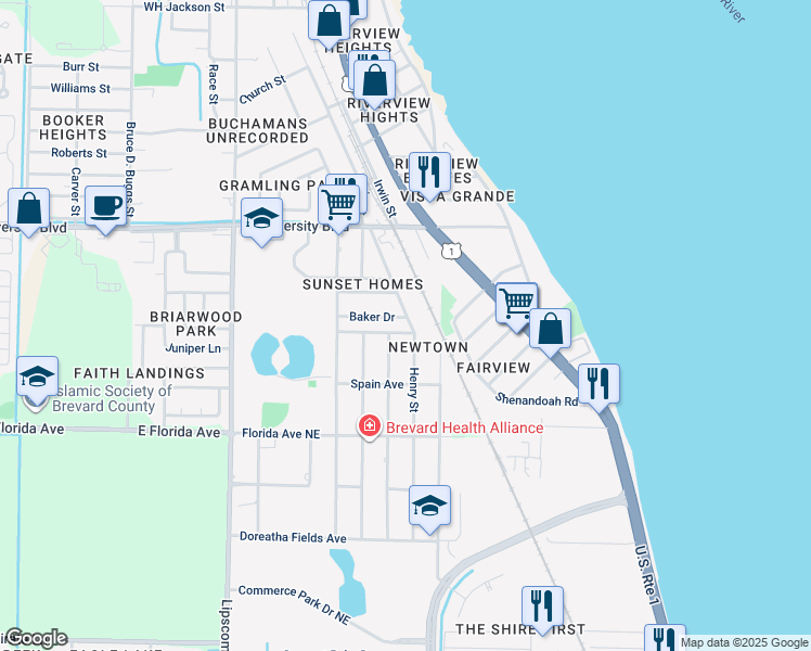 map of restaurants, bars, coffee shops, grocery stores, and more near 1407 Baker Drive in Melbourne