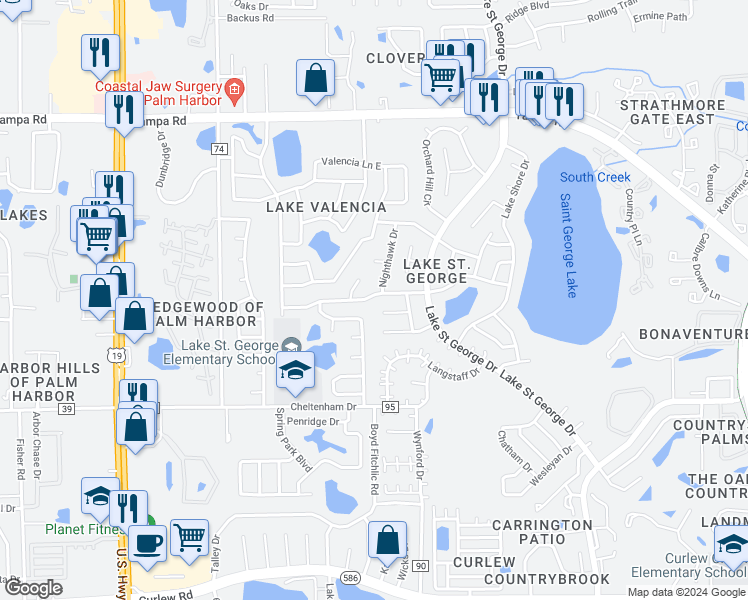 map of restaurants, bars, coffee shops, grocery stores, and more near 2648 Kavalier Drive in Palm Harbor