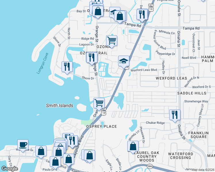 map of restaurants, bars, coffee shops, grocery stores, and more near 140 Wiggins Way in Palm Harbor