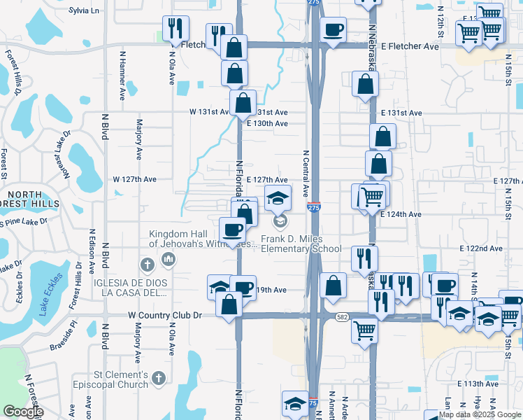 map of restaurants, bars, coffee shops, grocery stores, and more near 205 Pine Tulip Court in Tampa