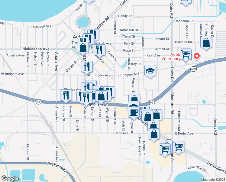 map of restaurants, bars, coffee shops, grocery stores, and more near 402 Bennett Street in Auburndale