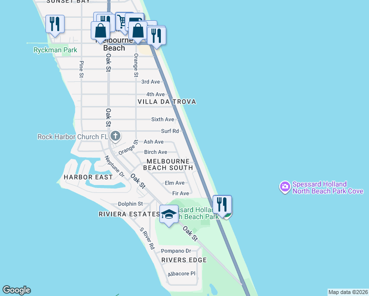 map of restaurants, bars, coffee shops, grocery stores, and more near 1708 Atlantic Street in Melbourne Beach