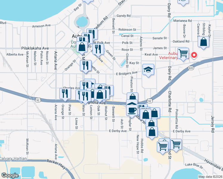 map of restaurants, bars, coffee shops, grocery stores, and more near 402 Bennett Street in Auburndale