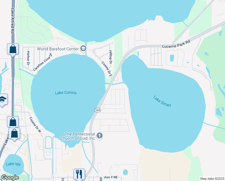 map of restaurants, bars, coffee shops, grocery stores, and more near 384 Winter Ridge Boulevard in Winter Haven