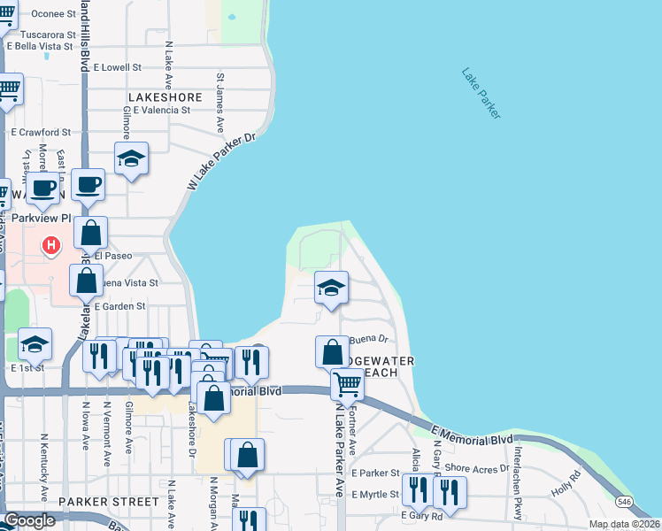 map of restaurants, bars, coffee shops, grocery stores, and more near 1280 North Lake Parker Avenue in Lakeland