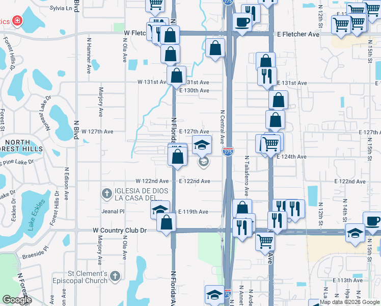 map of restaurants, bars, coffee shops, grocery stores, and more near 205 Pine Tulip Court in Tampa